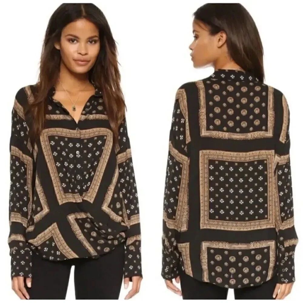 Free People Little Secrets Scarf Print Button Up Shirt Blouse Size Small